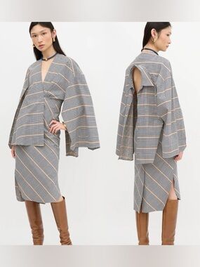 A.W.A.K.E Mode Plaid Asymmetrical Dress Size 36 Plunging V-Neck Drape Design